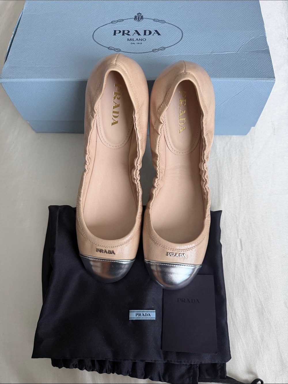 Prada Nude Leather Ballet Flats with Silver Cap Toe